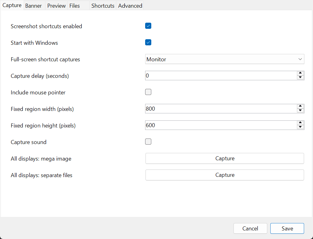 MacShot settings showing capture, preview, file and shortcut configuration
